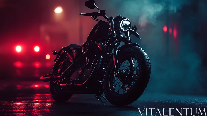 Black motorcycle stands on wet street under colored fog