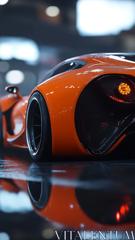 Low-angle macro view analyses wet orange supercar rear aero surfaces