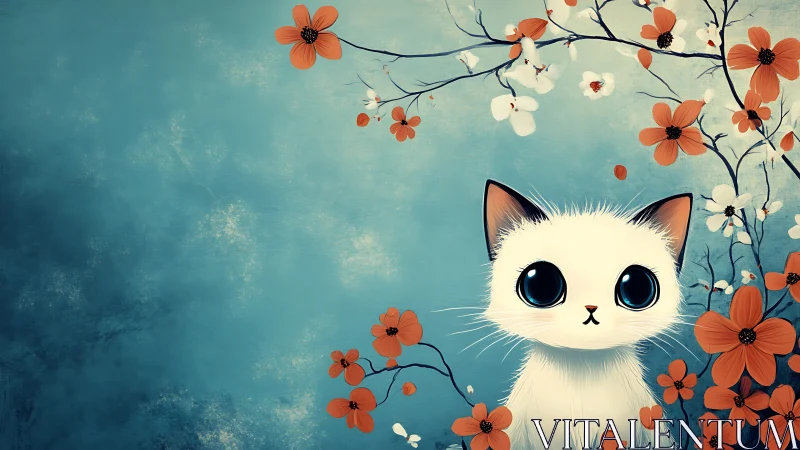 Serene White Cat Among Blooming Orange Flowers and Turquoise Sky