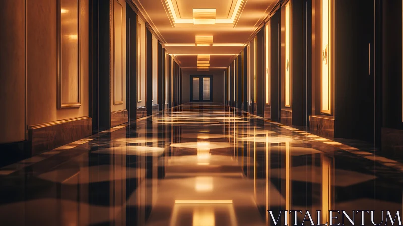 Luxury corridor glows under warm linear ceiling lights.