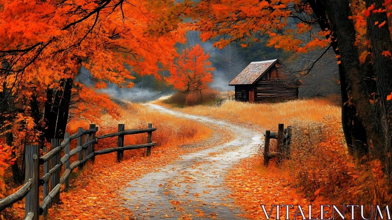 Autumn forest path leading toward rustic wooden cabin.