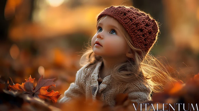Young child in knitted hat sitting among autumn leaves.