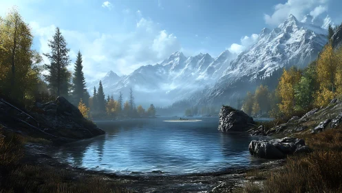 Tranquil mountain lake embraced by golden autumn forests.