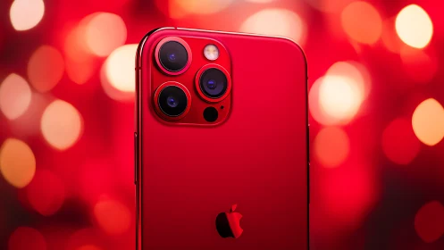 Red smartphone with triple camera module against blurred bokeh background.