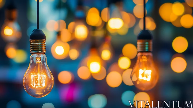 Hanging filament bulbs with blurred multicolor bokeh background.