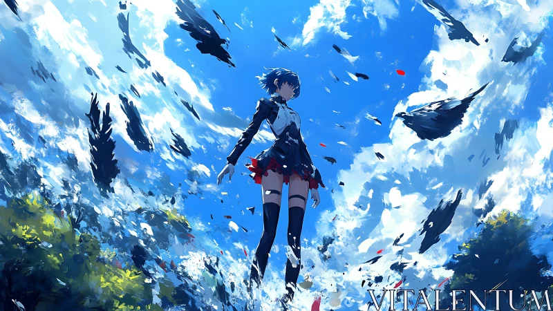 Dynamic low‑angle anime scene renders levitating schoolgirl midair