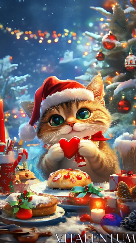 Festive bokeh-lit Christmas kitten with pastry and heart cookie.