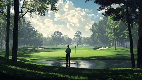 Solitary golfer observing calm green across still pond.