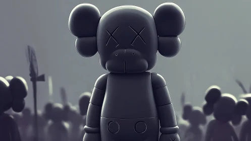 Silent vinyl figure amid hazy pop-surreal crowdscape.