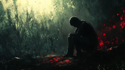 Solitary figure broods on a blood-stained forest floor.