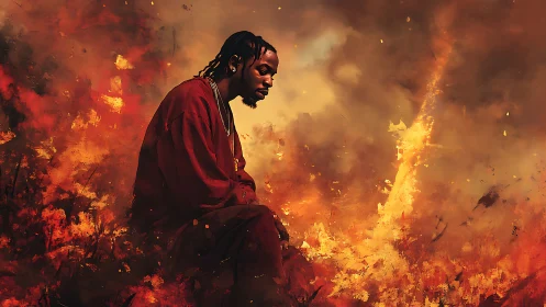 Solitary figure emerges through raging inferno with dramatic chiaroscuro effects.