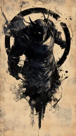 Ink-splattered dark knight emerging from circular sigil.