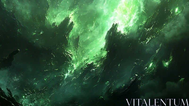 Chaotic emerald nebula with jagged crystalline void formations