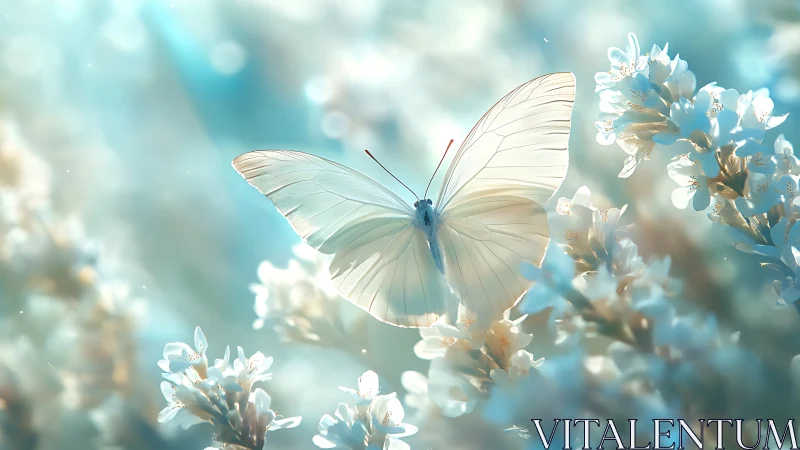 Pale butterfly drifts through dreamy blue flower fields.