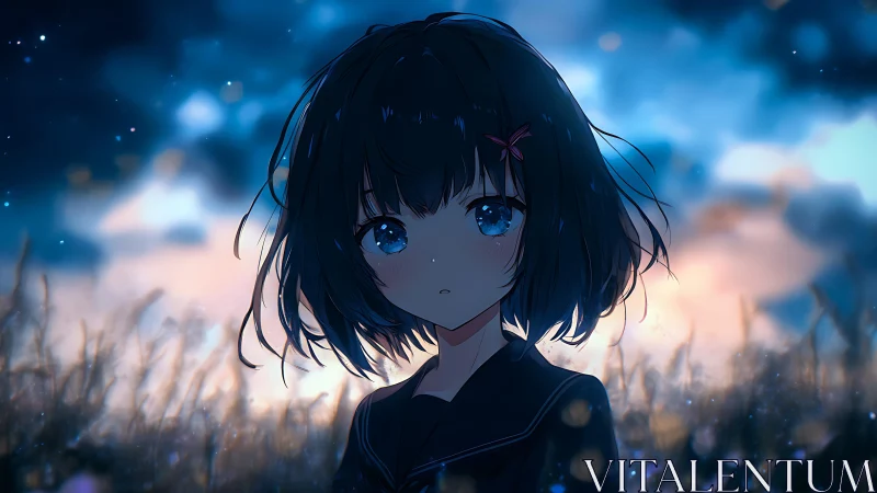 Melancholic anime girl in blue dusk bokeh field environment