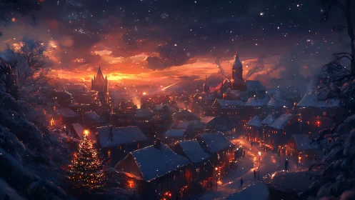 Snowy Christmas town glows warmly beneath a fiery sunset sky