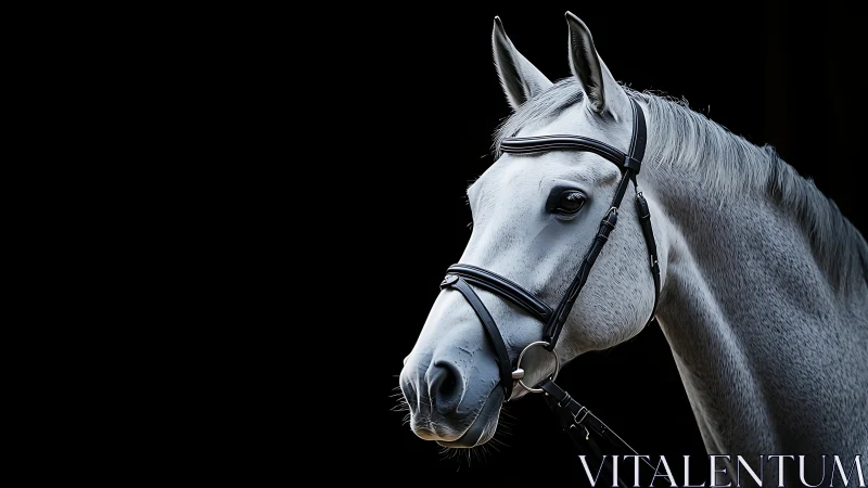 Gray horse head in bridle isolated against black background