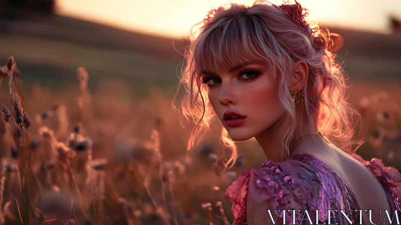Sunlit portrait of pink-haired woman in glowing meadow dusk.