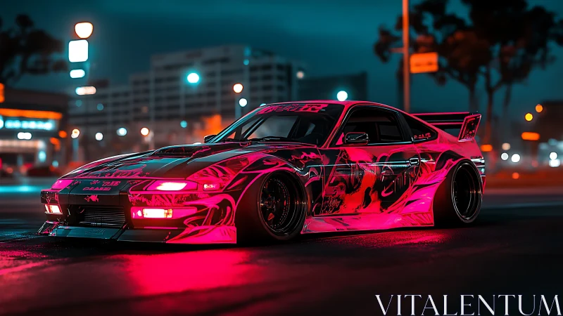 Neon-lit widebody drift car with reflective livery in urban night scene