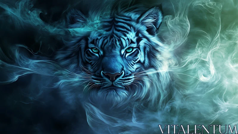 Smoke-born cyber tiger stares through teal electric mist