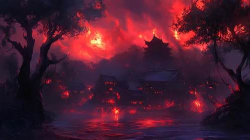 Infernal Asian Temple Landscape Bathed in Apocalyptic Firestorm