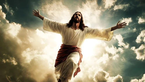 Radiant robed savior rising through sunlit storm clouds.