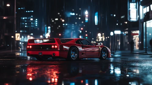 Aerodynamic red supercar under neon-soaked nocturnal rainfall.