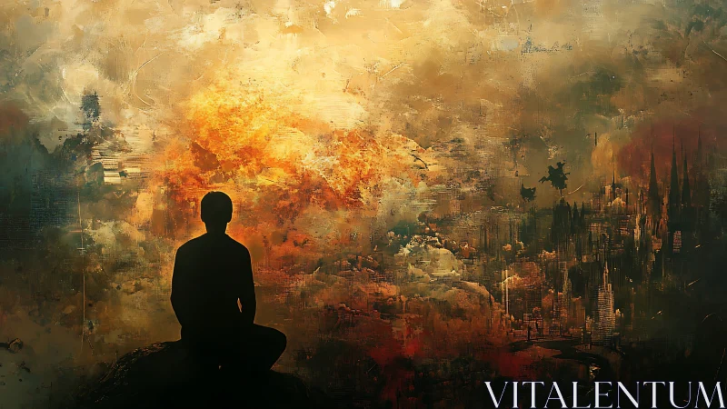 Silhouetted figure observes abstract urban landscape calmly