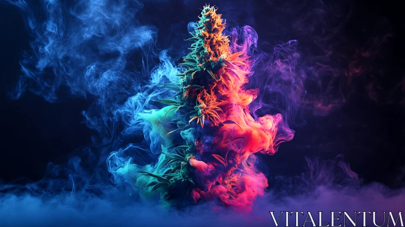 Dreamlit smoke tree glowing in swirling neon color clouds.