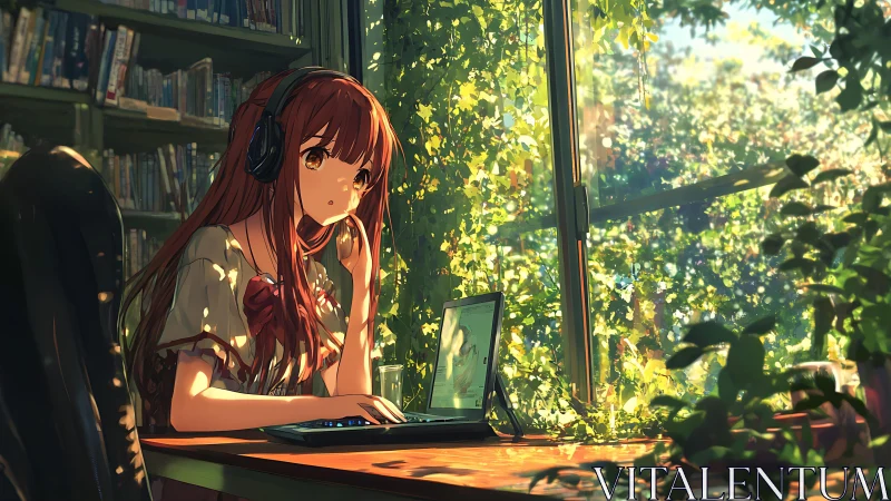 Sunlit library listener drifts through music and emerald leaves.