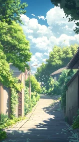 Sunlit suburban lane drifts quietly beneath soft summer clouds