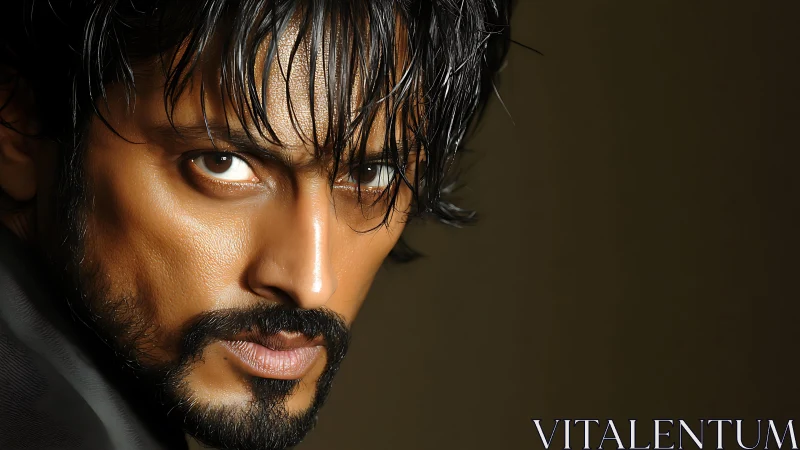 Tight portrait isolates intense male gaze with dramatic side lighting