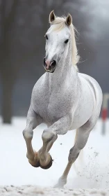 White horse galloping through winter snowfield at speed.