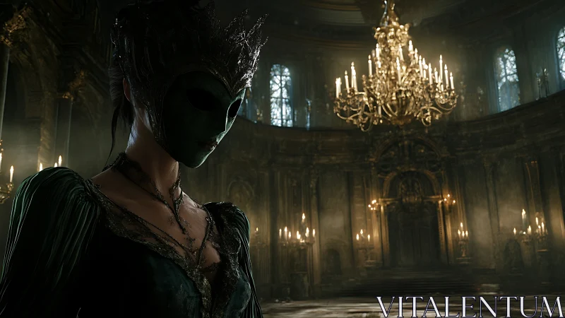 Masked noble in baroque hall rendered as dark 3D tableau
