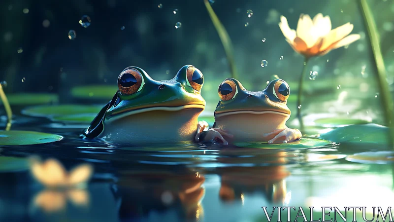 Photorealistic tree frogs resting on glowing lily pond.