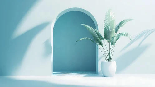 Serene potted palm by a soft blue sunlit archway.