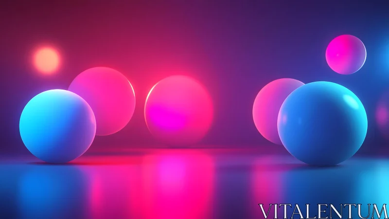 Vibrant glowing spheres in neon blue and pink digital art style.