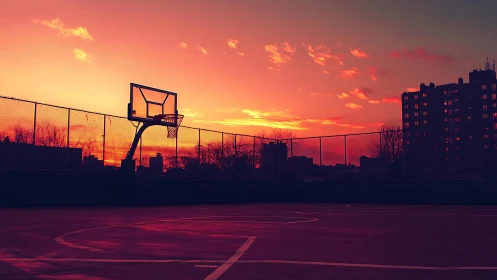 Urban basketball court silhouetted under vivid sunset sky.