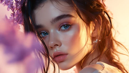 Blue-eyed portrait glows in soft peach and lilac light.