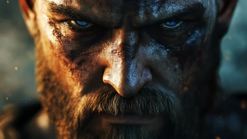 Battle-hardened warrior stares ahead with burning resolve.