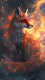 Ember-eyed fox in swirling inferno with painterly flame detail.