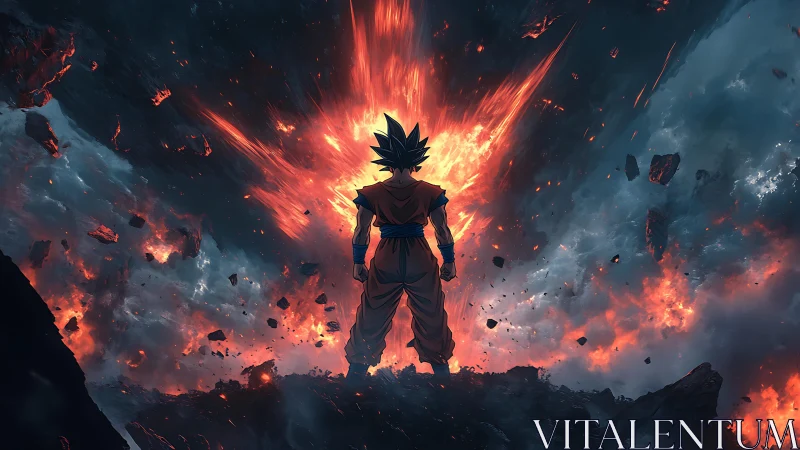 Backlit anime warrior over volcanic chasm with eruptive energy