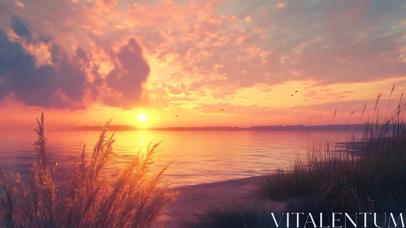 Coastal shoreline with sunset sky and calm reflective water.