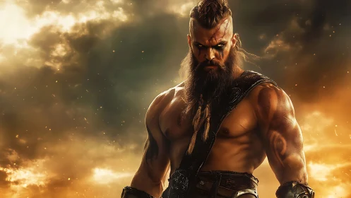 Warrior with braided beard in fiery storm-lit landscape.