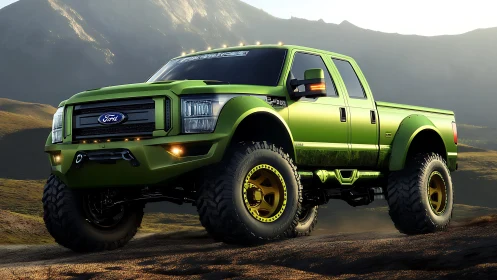 Green lifted Ford pickup truck on rugged mountain trail.
