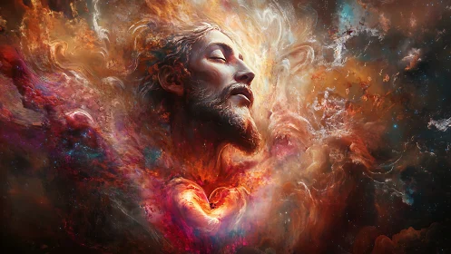 Cosmic male portrait emerging from swirling nebulae.