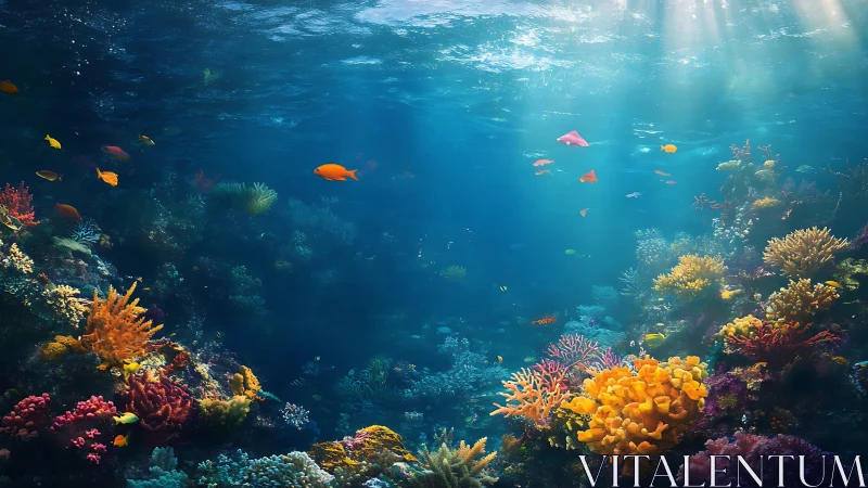 Sunlit coral reef welcomes colorful fish in a calm blue sea