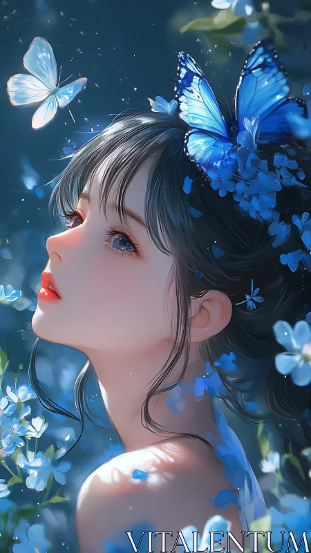 Gentle girl in blue butterflies and glowing moonlit petals.