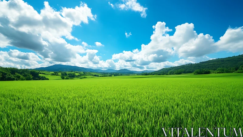 Vast green field under cumulus sky with distant forested hills