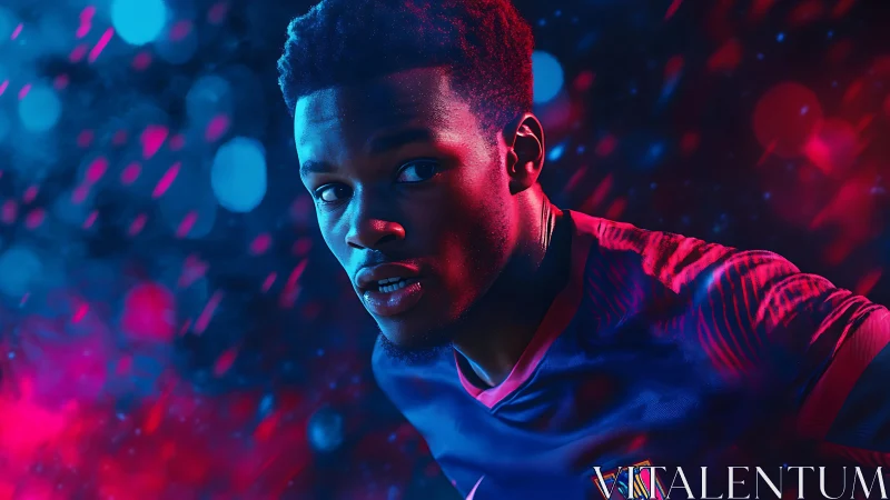 Photorealistic neon portrait of dynamic football athlete under lights.